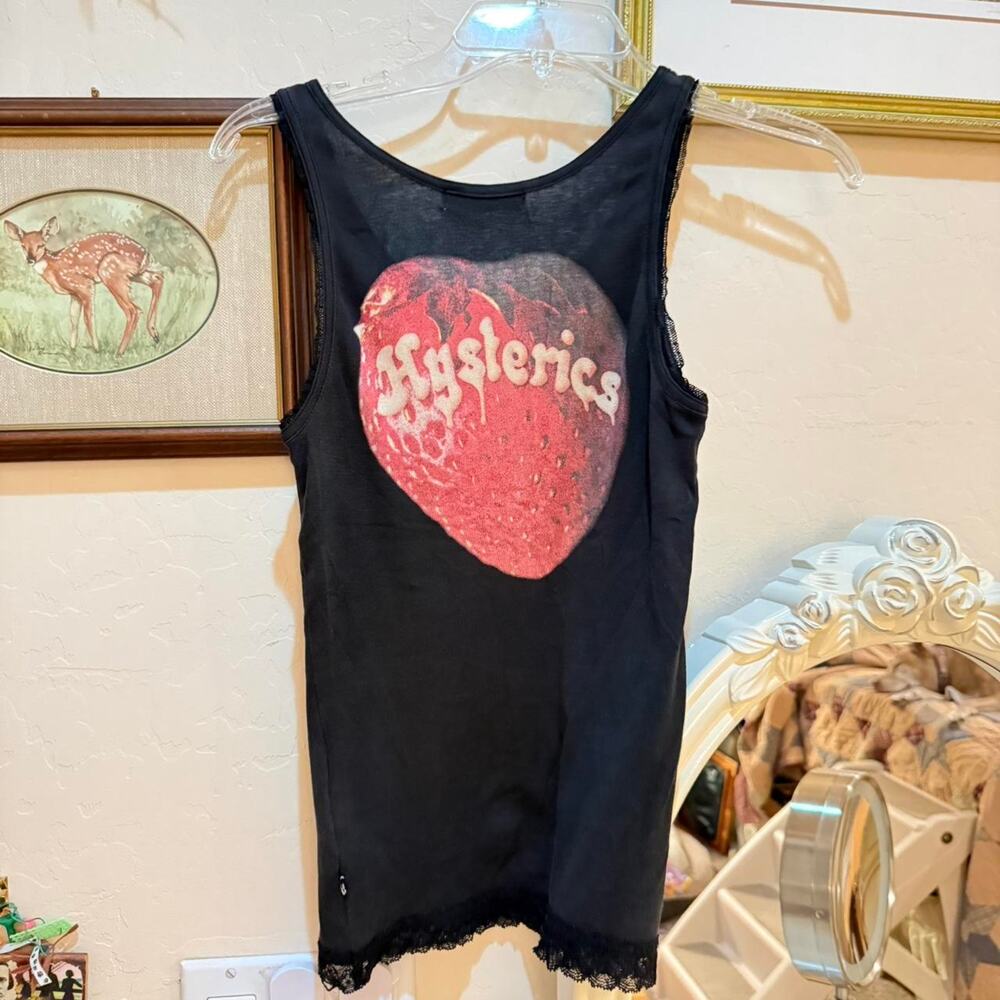 Hysteric Glamour black skullberry skull and strawberry tank top with lace.